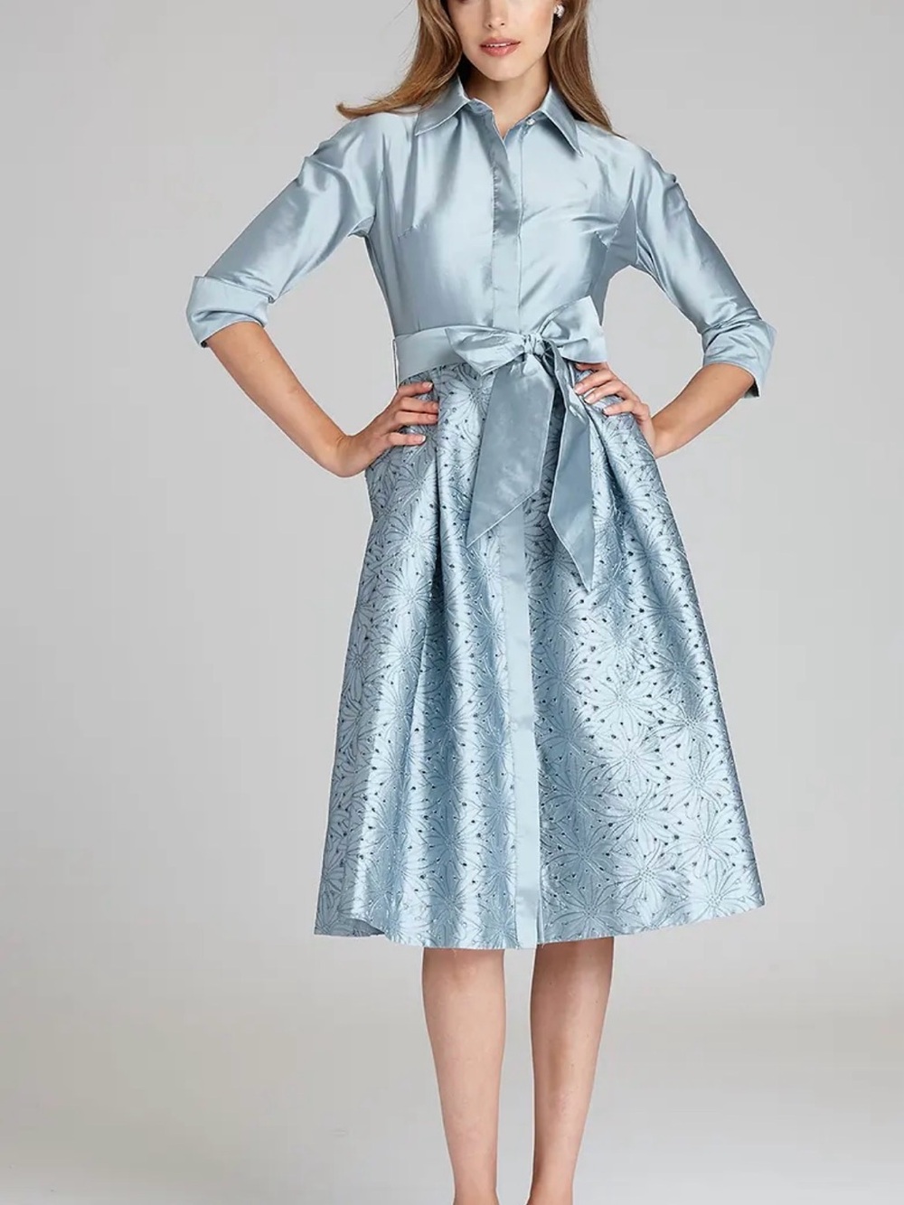 Rickie Freeman for Teri Jon Light Blue Satin Shirt-Collar Midi Dress
